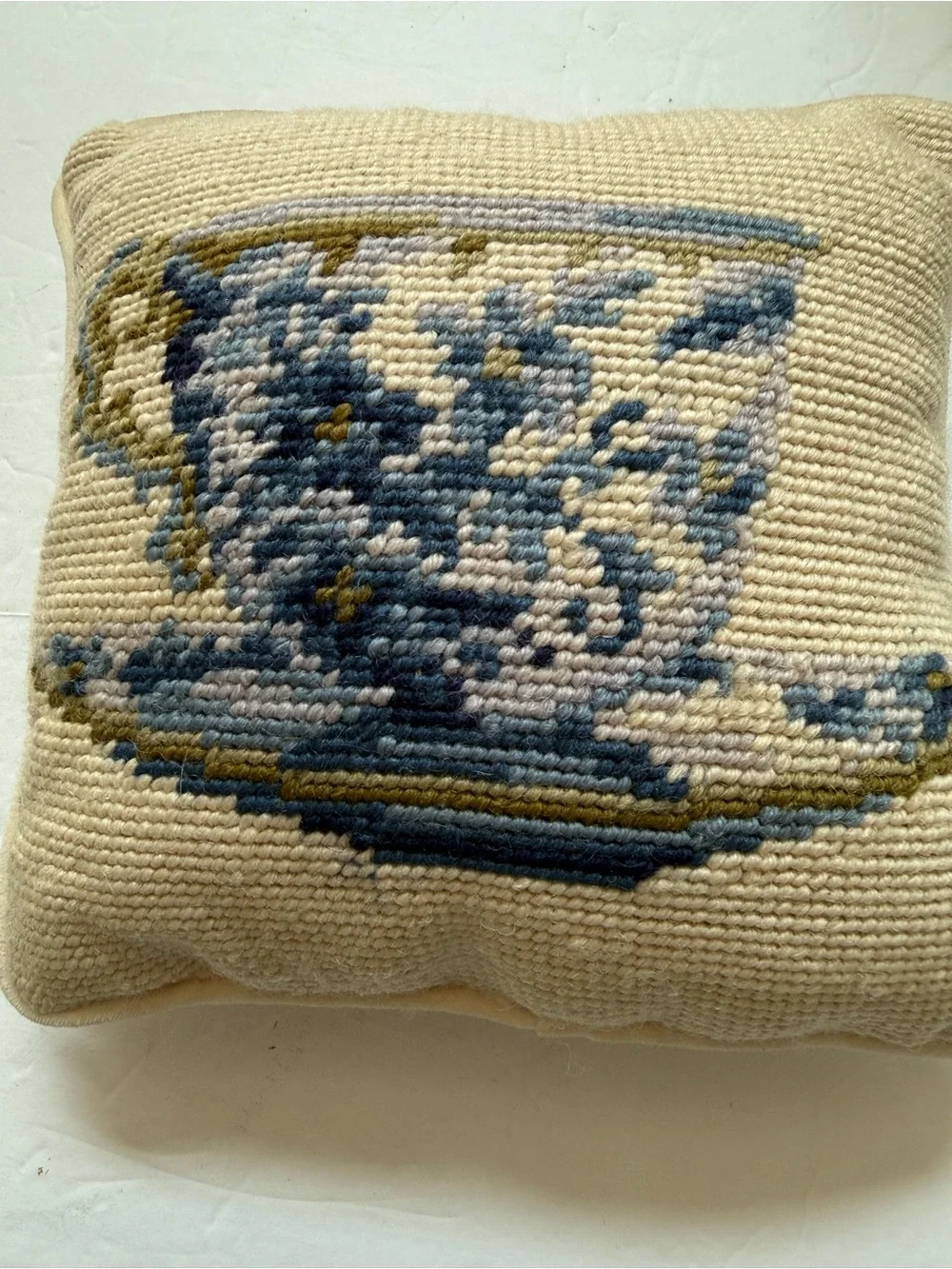 Vintage Mini Needlepoint Pillow Blue & White Willow Chinoiserie Style 8” x 8”